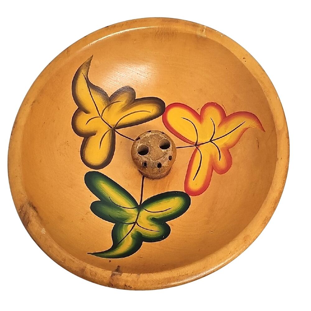 Vintage Artistic Wooden Nut Bowl w/Colorful Handpainted Leaf Design Mid Century
